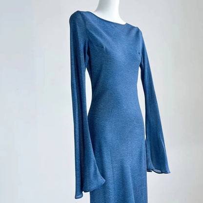 Vestido largo azul 100 % seda para mujer 2023 nuevo vestido largo de fiesta de manga larga acampanada