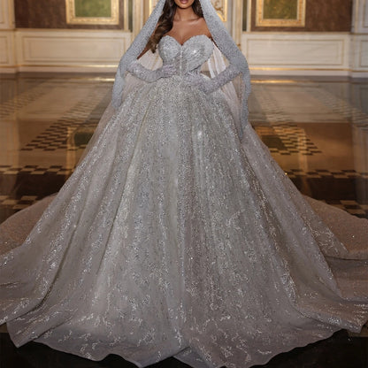 Robe de mariée romantique à col en cœur, paillettes scintillantes, perles, robe de mariée de luxe, robe de bal longue, robe de mariée