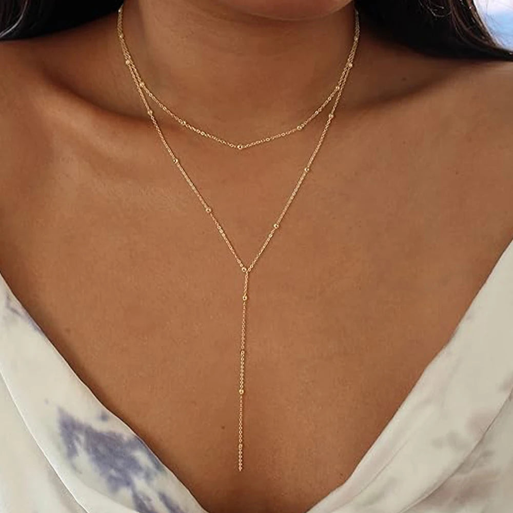 Aide 925 Sterling Silver Y-Shaped Beading Double Chain Pendant Necklace For Women K Gold Elegant Simple INS Fine Jewelry Gift