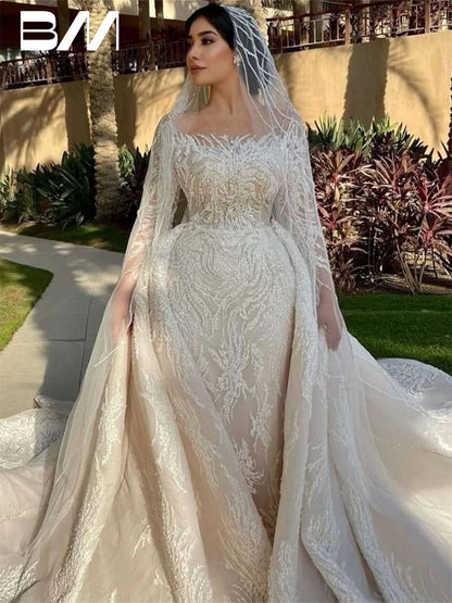 Vestido de novia de manga larga con ilusión y cuentas de sirena para mujer 2024, vestido de novia de lujo con lentejuelas, vestidos de novia