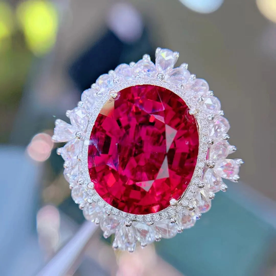 Bague en or massif 18 carats HN avec pierres précieuses en tourmaline rouge naturelle et diamants de 14,56 ct pour femme