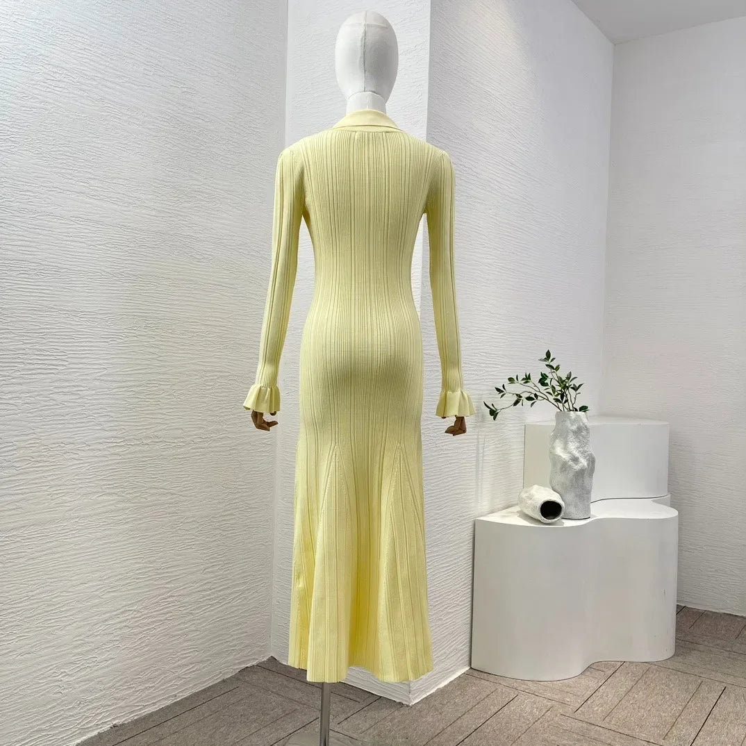 Robe sirène mi-longue à manches longues en tricot slim jaune de qualité supérieure 2024 Nouveaux vêtements pour femmes