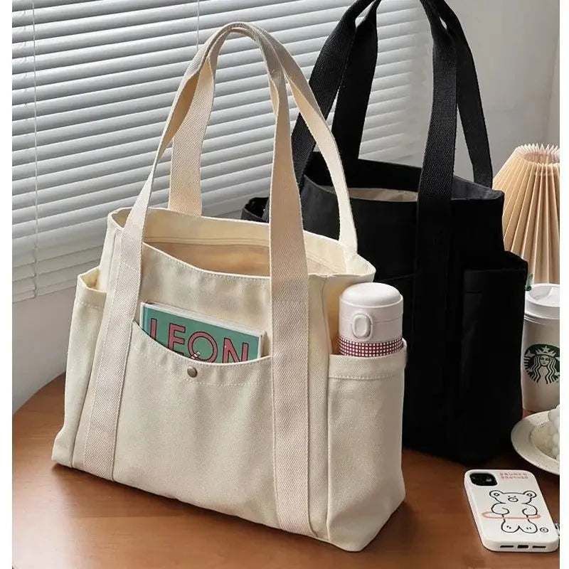 Women Multiple Pockets Handbag Canvas Shoulder Bag Gothic Tote High Quality Large Capacity Cotton Reusable Shopping Beach Bag