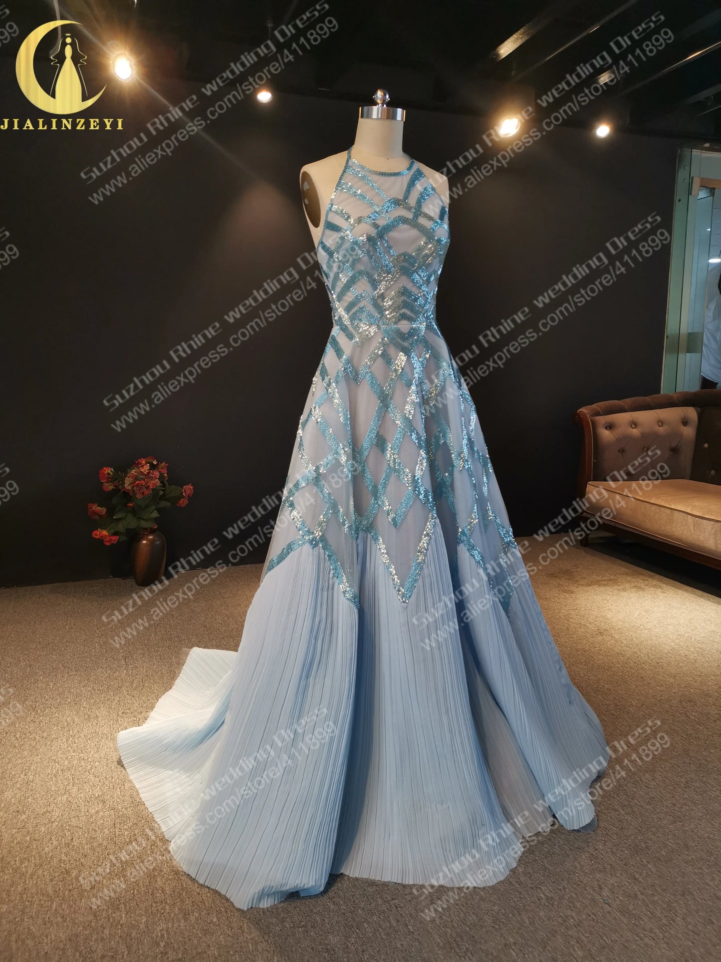 1235 Rhin Halter Bleu Luxueux Perlé A-ligne Mode robe de soirée de mariage فساتين السهرة فساتين السهرة Robe de soirée