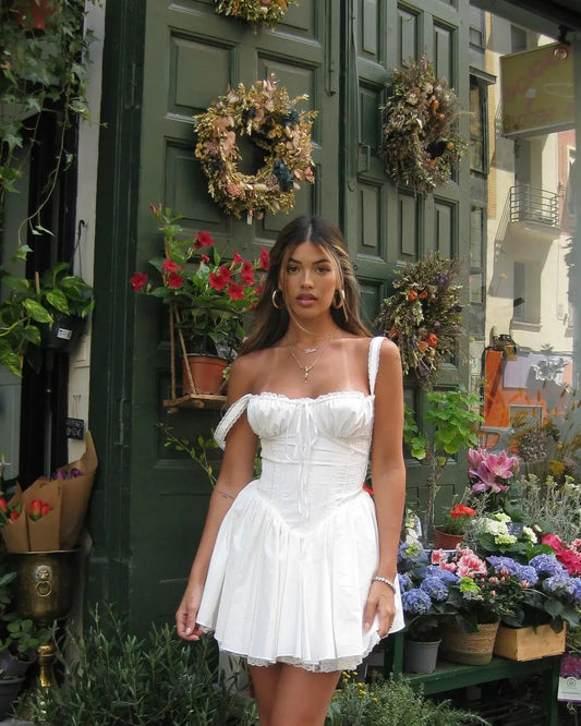 Elegante vestido corto de verano con encaje floral y retazos con corsé, sin mangas, cuello cuadrado, con lazo, corto, corte en A, fluido, para fiesta para mujer