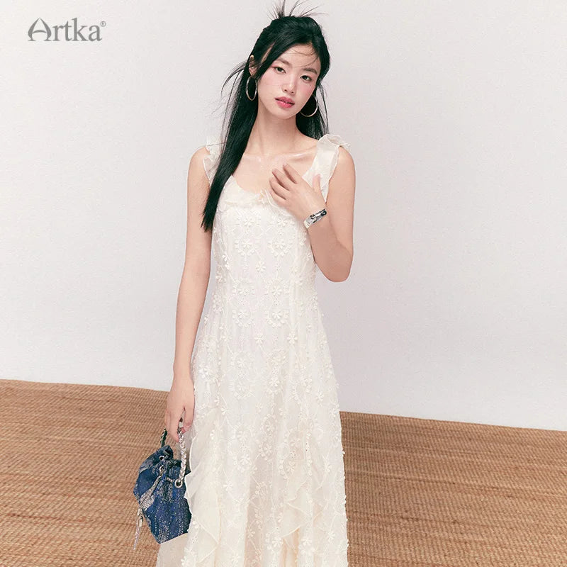 ARTKA 2023 Summer New Women Dress Elegant Lace Embroidery Sleeveless White Dresses Ruffles V-Neck A-Line Long Dress LA92436X