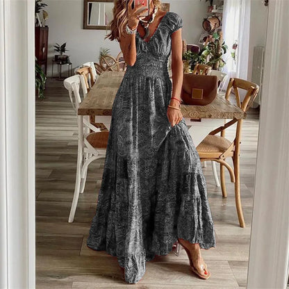 CYDNEE Nuevo vestido bohemio con estampado de cachemira para mujer, elegante vestido largo de verano con escote en V y manga corta con dobladillo grande, vestido maxi vintage para fiesta en la playa