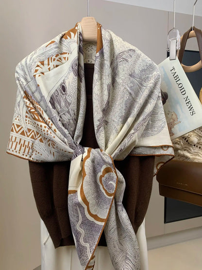 Luxury Print Winiter Square Scarf 140 Women Large Shawl Wraps Pashmina Warm Scarves Giant Foulard Folded Rolling Edge