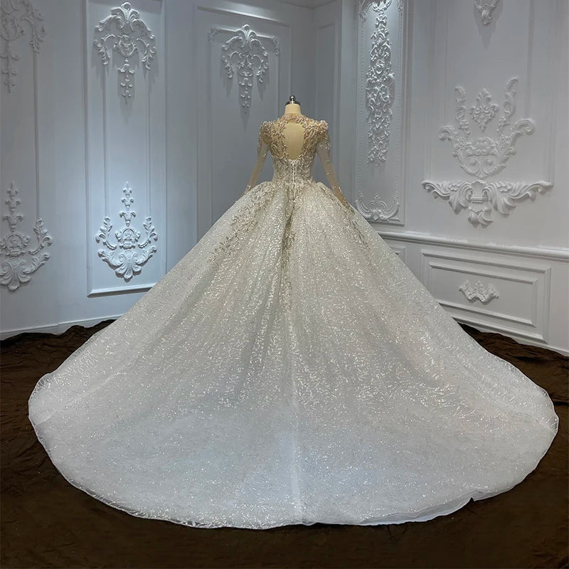 Robe de mariée de première qualité Jancember 2024 en organza à manches longues et perles à lacets et plis dos nu LSCJ04