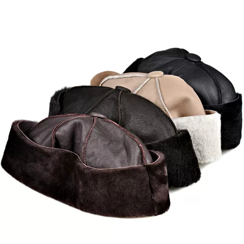 Gorro de piel de alta gama de una pieza para hombre y mujer, cálido gorro de invierno 100 % de lana y cuero genuino, gorro para hombre resistente al frío, para exteriores, regalo para papá