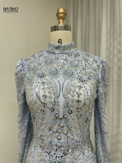 MYMB Robe de soirée de luxe à col haut et manches longues avec perles, robe de soirée élégante pour invités de mariage, style musulman, bleu, sirène