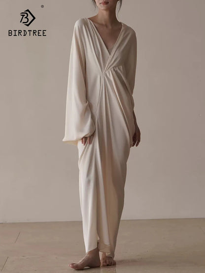 BirdTree, 90% vraie soie robes élégantes, femmes manches longues solide, conception originale robe de soirée une pièce, été automne D48326QC