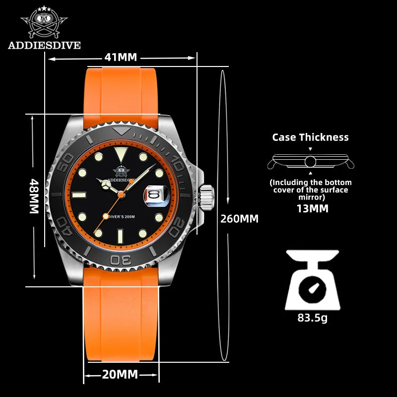 Reloj ADDIESDIVE con bisel giratorio para hombre, reloj de cuarzo de 41 mm, acero inoxidable, correa de caucho luminosa BGW9, reloj de buceo para hombre de 200 m, nuevo