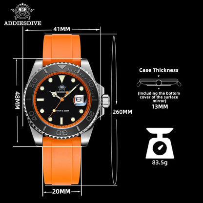 Reloj ADDIESDIVE con bisel giratorio para hombre, reloj de cuarzo de 41 mm, acero inoxidable, correa de caucho luminosa BGW9, reloj de buceo para hombre de 200 m, nuevo