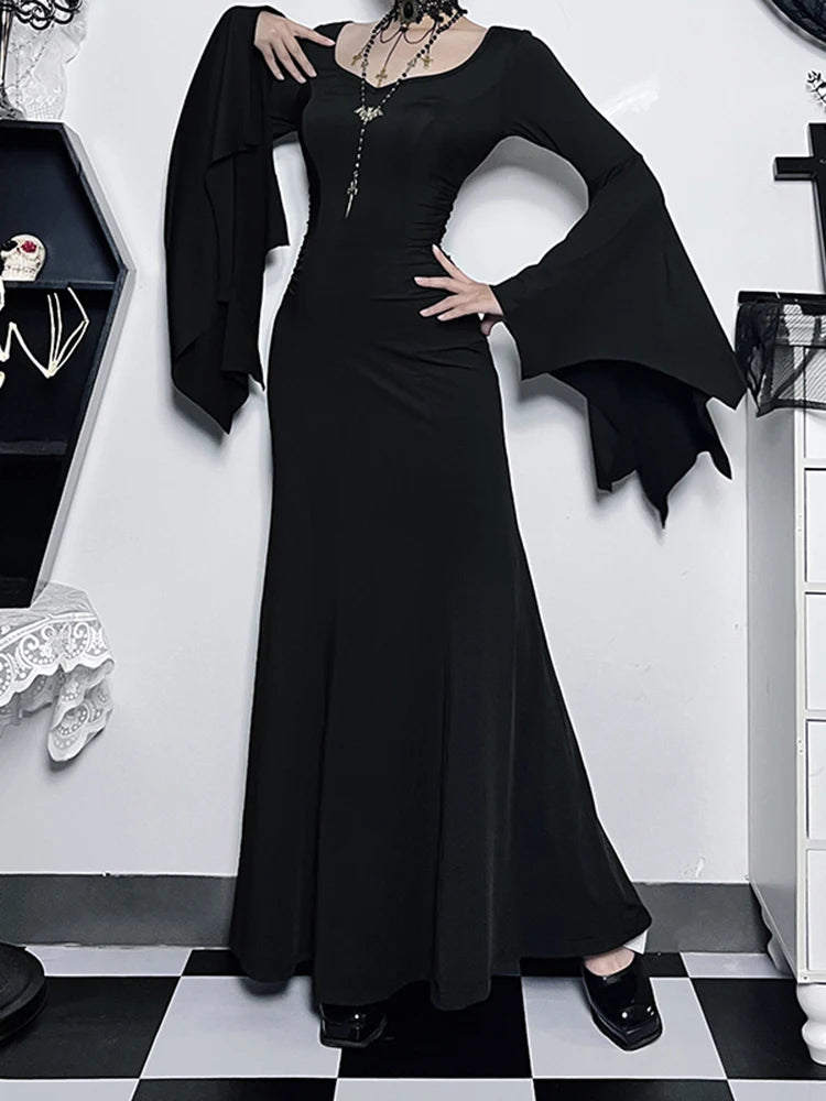 InsGoth Gothic Halloween Dress Women's Sheath Witch Vintage Batwing Sleeve V Neck Long Mermaid Formal Gown Evening Dresses