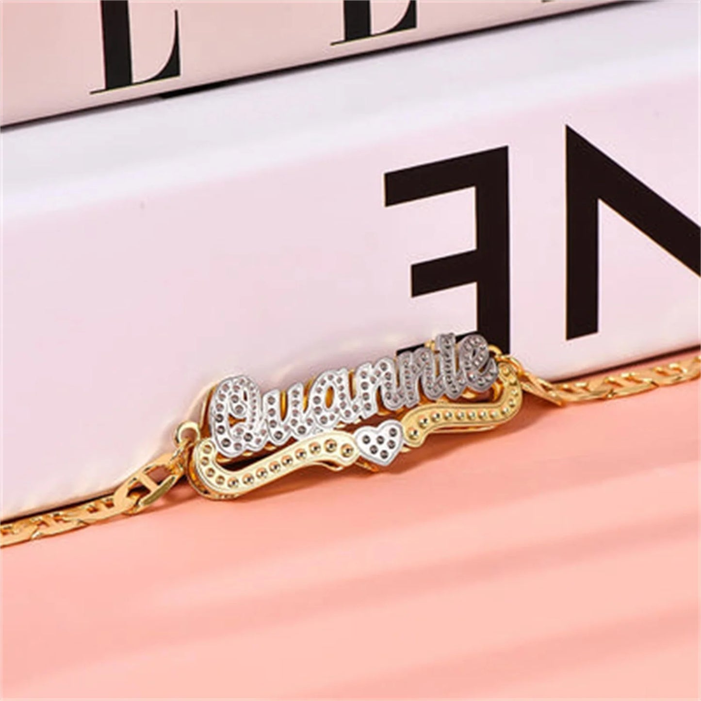 DHQH Personalized Heart Customized Two tone Name Bracelet Stainless Steel 3D Name Plate Gold Chain Name Bracelet Women's Style