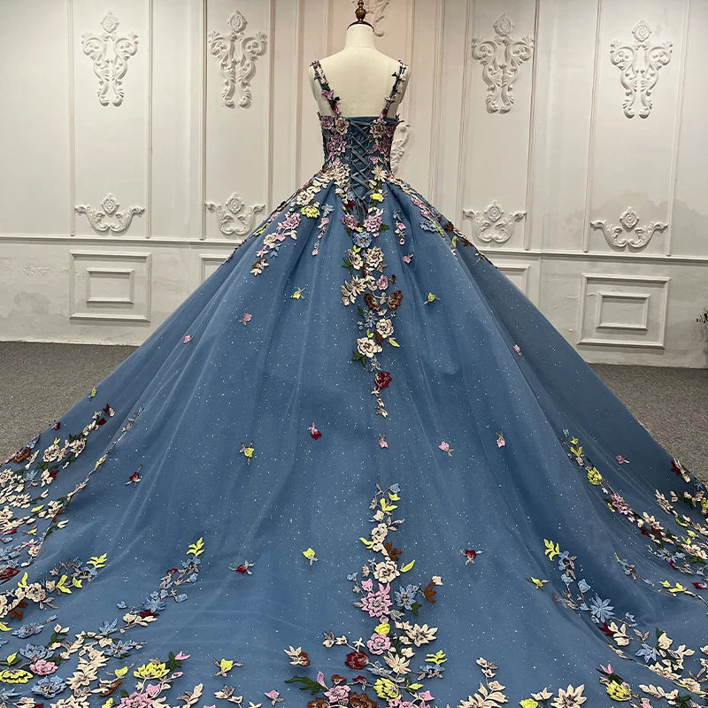 Robe de Quinceanera bleue exquise à bretelles spaghetti, imprimé floral, robe de bal en cœur, à lacets, robes de soirée DY9897 Avondjurk