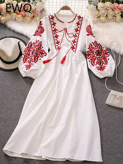 EWQ Sweet Style Y2K Women Nice Foreve Dress Embroidery O-neck Bandage Long-sleeve White Dresses Womens Spring Summer 2023 New