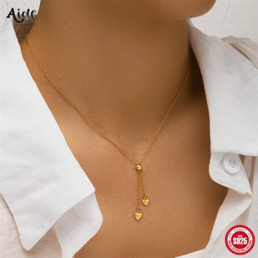 Collar con colgante de cadena ajustable de plata de ley 925 Aide con dije de corazón para mujer, collar de oro K de alta calidad, joyería elegante