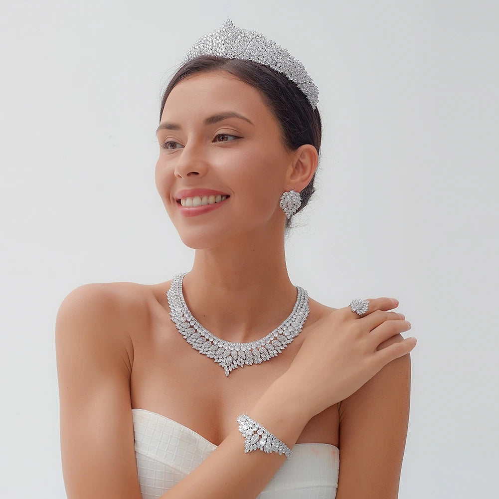 Luxury Wedding Shiny Bridal Jewellery, Bridal Wrown Necklace, Earrings, Ring And Bracelet 5-piece Set Bridal headdress