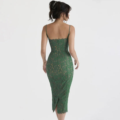 Robe d'été longue élégante pour occasions formelles, robe verte à bretelles spaghetti, col en V, en dentelle, robes de fête d'anniversaire vintage 2023