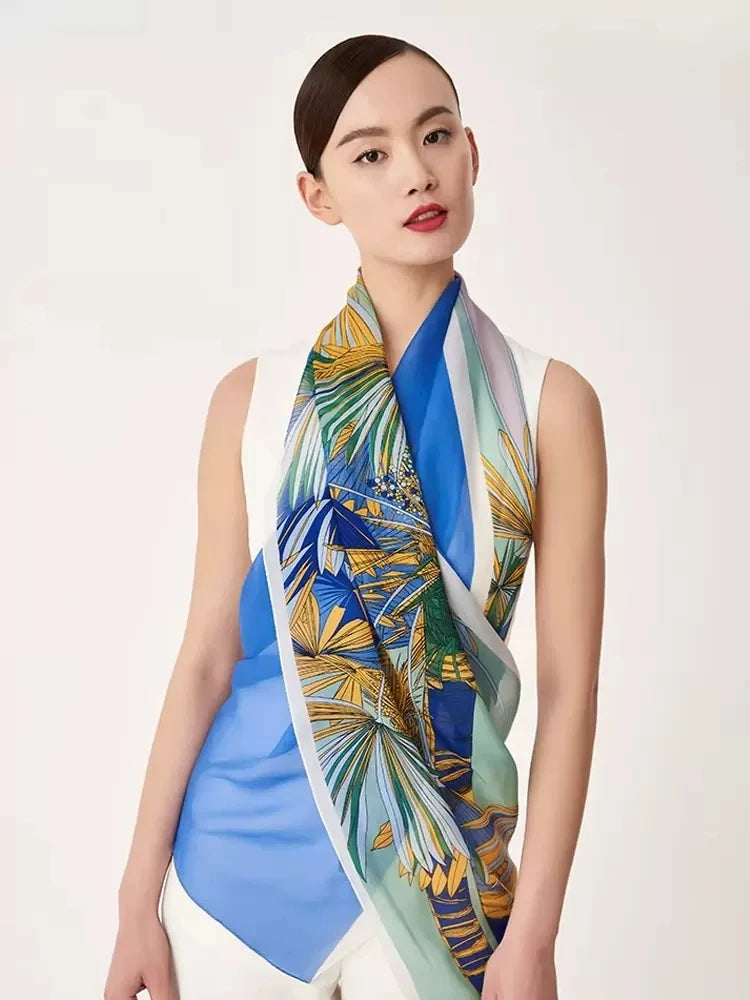 Birdtree, 100%Mulberry Slik Elegant Shawl, 180cm Women Printed, Gifts Original Design Scarf, Summer Autumn New A46267QM