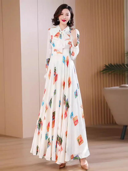 New Women Spring Autumn Print Chiffon Dress Fashion Ribbon Collar Long Sleeve High Waist Dress Elegant Flowing Slim Long Dress