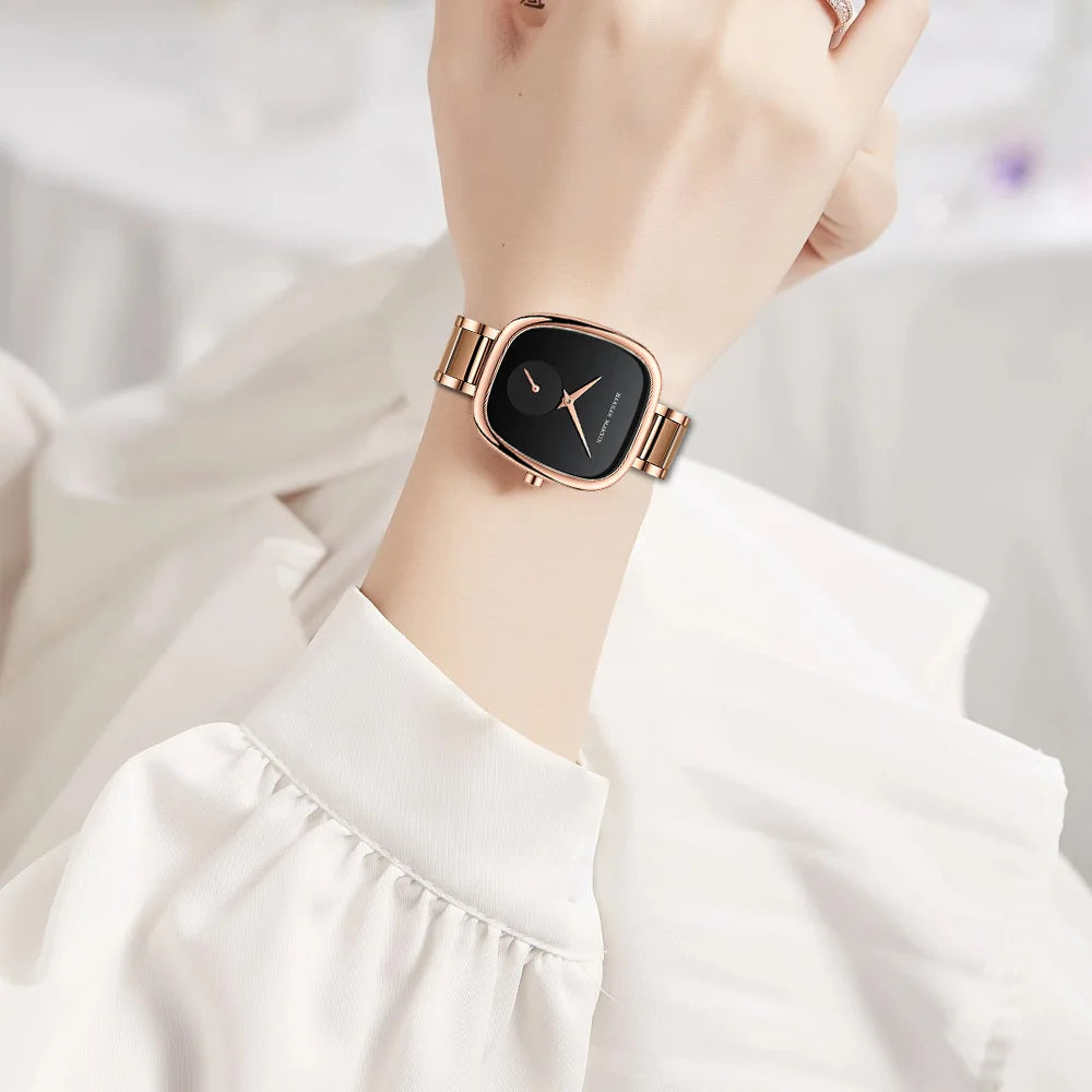 Reloj de pulsera de cuarzo para mujer nuevo 2023, 34 mm, barril de vino, oro rosa, negro, cronómetro, estilo minimalista de moda, relojes ovalados para mujer