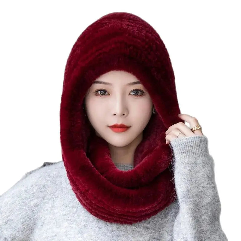 Winter Rabbit Fur Hat Unisex Knitted Hooded Caps Outdoor Warmer Drawstring Hats One-Piece Neck Collar Hats For Women Beanies Cap