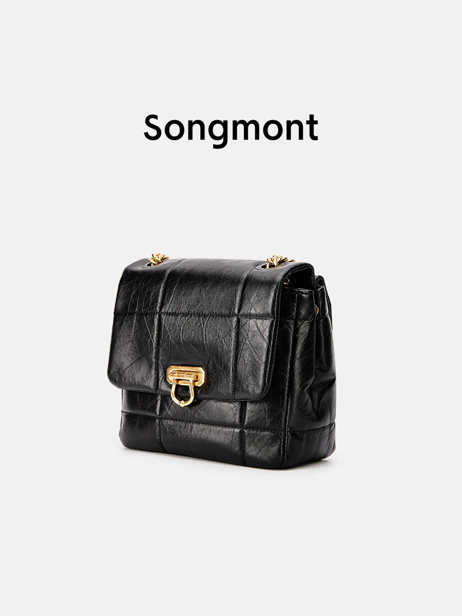 Bolsos Songmont de color chocolate suave mediano para mujer, bolsos de hombro con cadena clásica, capa superior de piel de vaca, estilo cuadrado