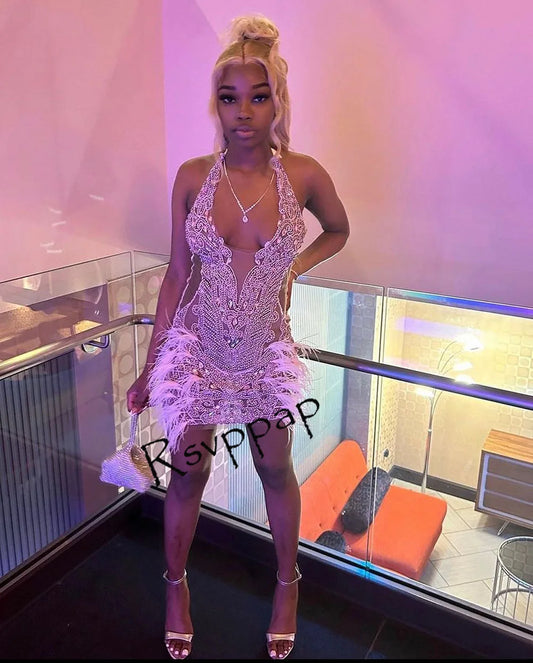 Pink Rhinestone Short Prom Dresses 2023 For African Black Girls Birthday Cocktail Exclusive Beads Diamond Women Party Gowns