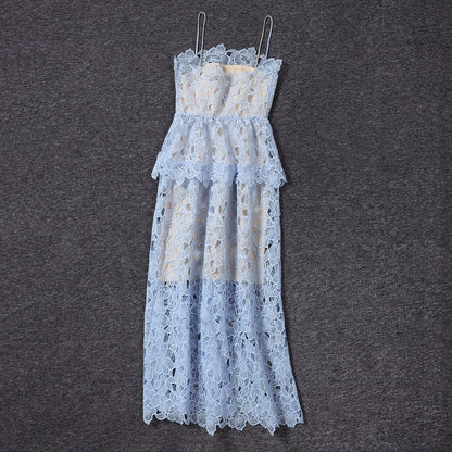 Top End Women French Style Lace Sleeveless Slim Cake Dress Elegant Lady Two-piece Long Suspender Dress Female Prom Gown