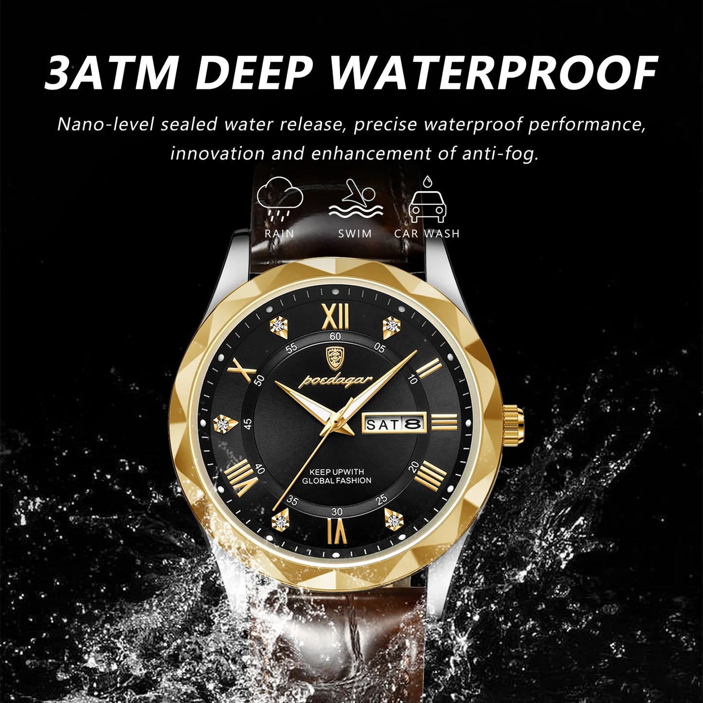 POEDAGAR Reloj de pulsera de lujo para hombre de negocios, resistente al agua, luminoso, con fecha y semana, reloj de cuarzo para hombre, relojes de cuero para hombre