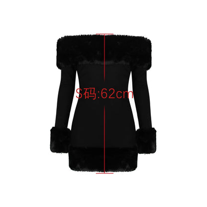 Oligai Autumn and Winter Faux Fur Off The Shoulder Dress 2024 New Arrivals Black Mini Long Sleeve Sexy Party Dresses Women