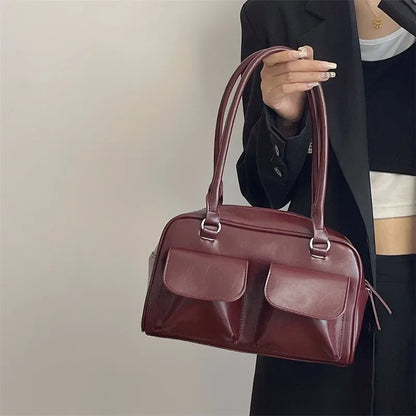 Sacs à bandoulière vintage pour femmes, sac fourre-tout simple pour dames, sac à main en cuir PU pour femmes, sac à main bordeaux de grande taille