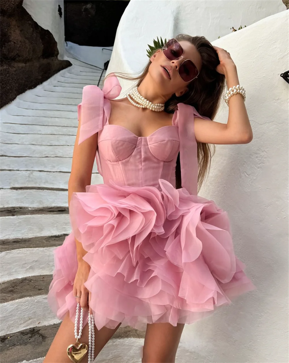 Annie Sweetheart Pink Wedding Dress Fluffy Organza Layering Prom Dresses Short Fairy Bespoke Occasion Dresses Vestidos De Fiesta