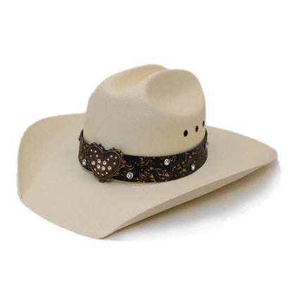 Sombrero de vaquero de ala ancha estilo occidental americano con cinturón de cuero estilo retro vintage con forma de corazón para mujer, estilo Yellowstone, para playa, para el sol, 57-61 cm