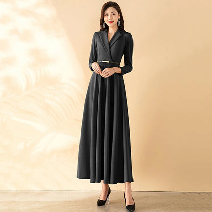 New Women Spring Autumn Long Dress Elegant Fashion Suit Collar Long Sleeve Slim Dress Simplicity Overlength Yellow Dress