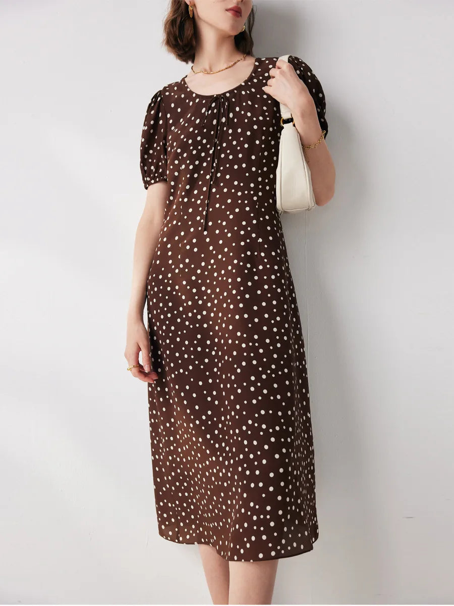 SuyaDream Femmes Dots Robes 100% Crêpe De Soie O Cou Volants Robe Longue 2023 Printemps Été Bureau Dame Vêtements Marron