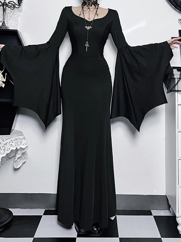 InsGoth Gothic Halloween Dress Women's Sheath Witch Vintage Batwing Sleeve V Neck Long Mermaid Formal Gown Evening Dresses