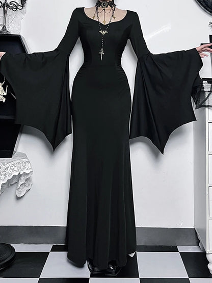 InsGoth Robe gothique d'Halloween pour femme, fourreau, sorcière, vintage, manches chauve-souris, col en V, longue, sirène, robe de soirée formelle