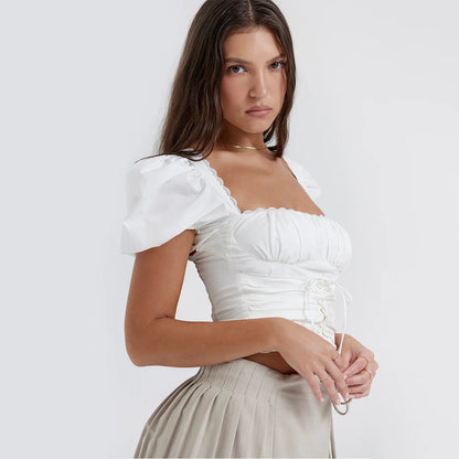 Hauts d'été blancs pour femmes 2023 Y2k Crop Top Mini mignon à lacets à manches bouffantes Hauts décontractés pour vacances