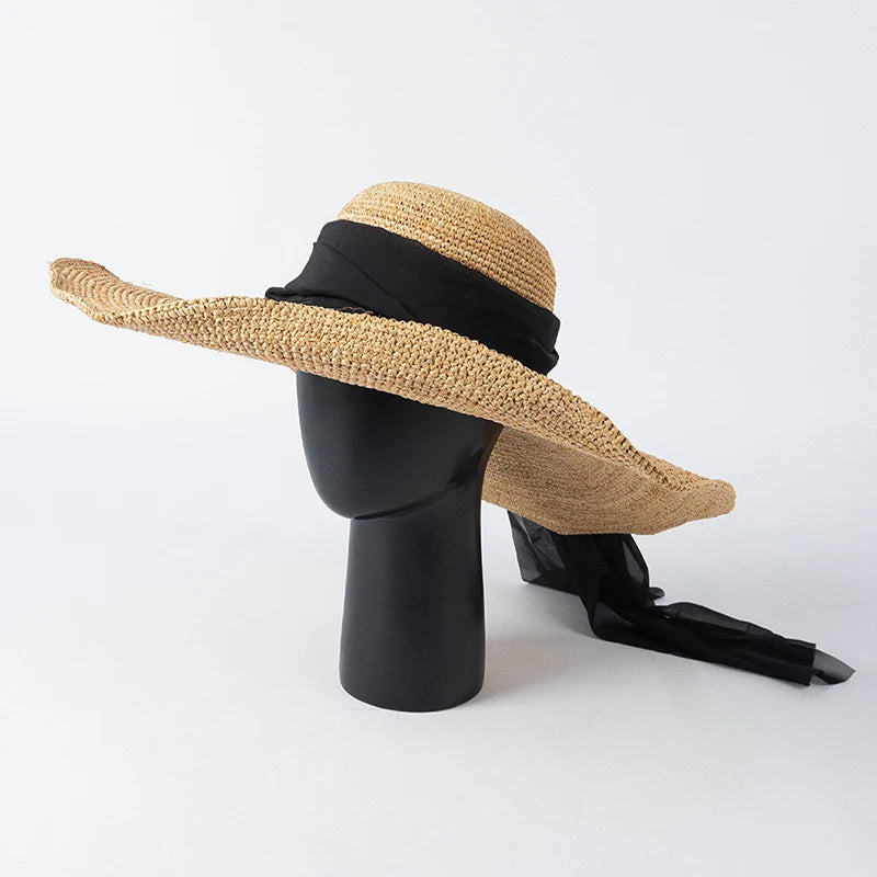 2023 Nuevo sombrero de paja de rafia hecho a mano informal de verano con cinta, sombreros de ala grande para mujer, sombrero de playa de verano, sombrero de lujo para desfile