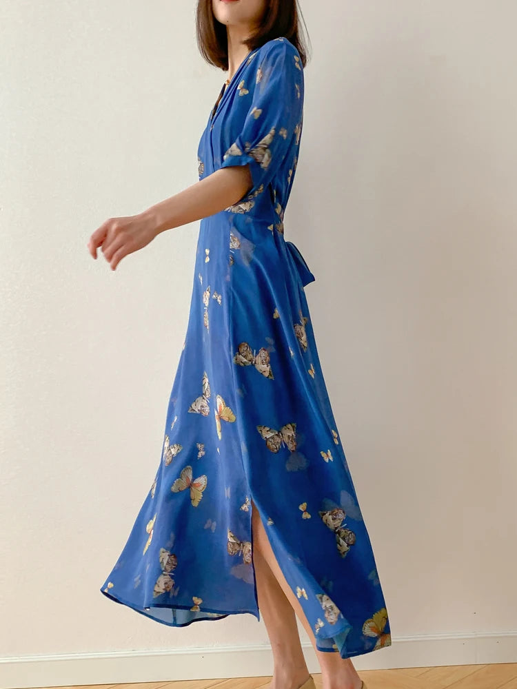 SuyaDream Femmes Maxi Robes 100% Soie Crêpe De Chine Col V Imprimé Wrap Longue Robe 2023 Printemps Été Vacances Vêtements Bleu