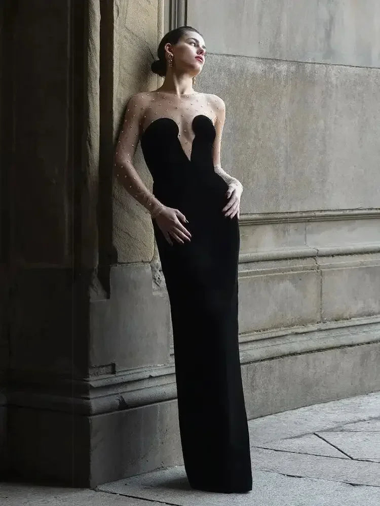 2024 Nouvelle robe de soirée formelle pour femme Sexy Mesh à manches longues Patch velours noir perlé robe de soirée élégante pour occasions spéciales