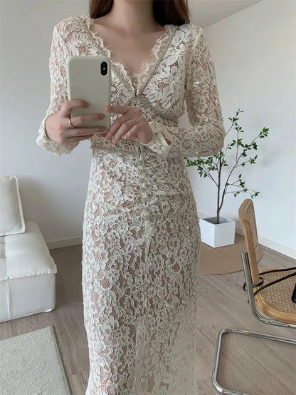 Vestido midi elegante de cintura alta con escote en V y encaje de diamantes para mujer