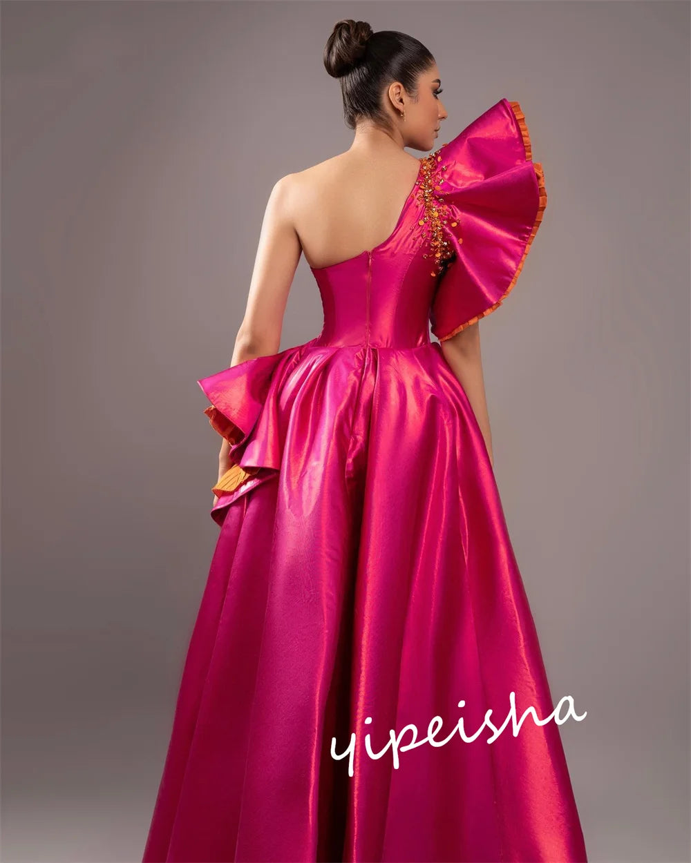 Jiayigong  Prom Satin Ruffles Birthday  Gown One-shoulder Bespoke Occasion  Long Dresses