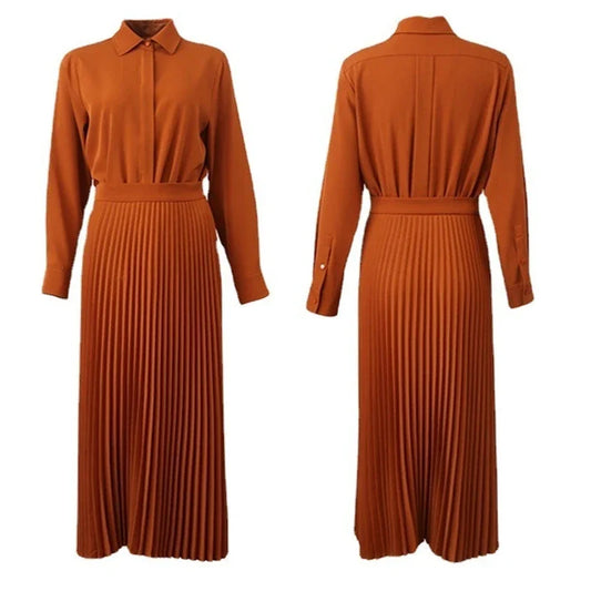 2022 New Acetate Slim Waist Pleated Long-sleeved Women Dress