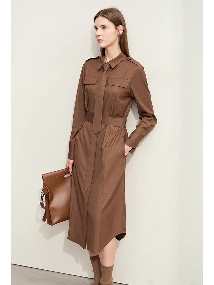 Amii Minimalism Shirt Dress For Women 2024 Autumn New Military Style With Belt Tie Retro Fashion Long Women's Dresses 12443073