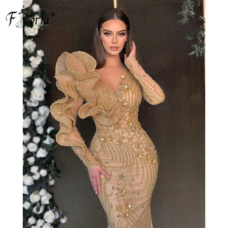 Hermoso vestido de noche de sirena dorado de Dubái con hombros con volantes y cuentas, manga larga, vestido formal para fiesta o ocasión especial vestidos de noche